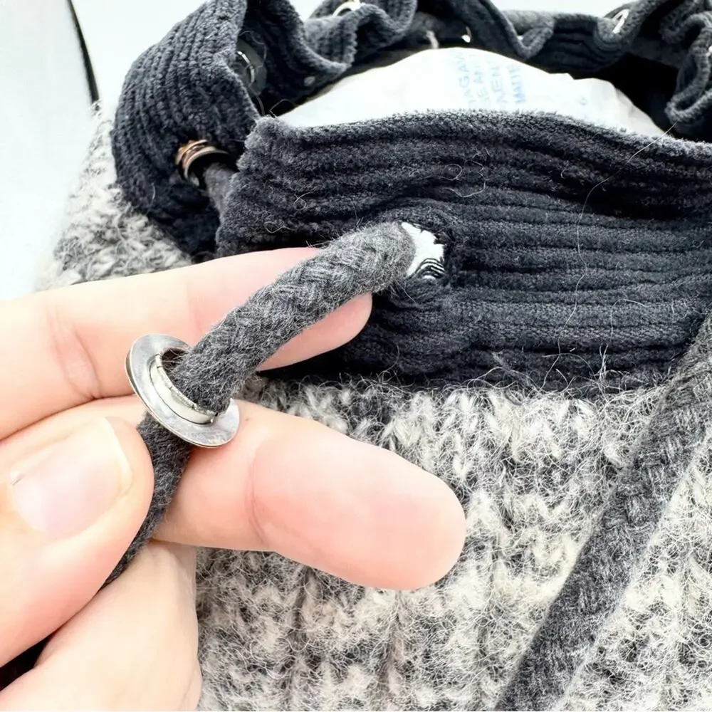 Y2K Artsy Boho‎ Hippie Knit Wool Drawstring Backpack Bag Grey/Black - Medium